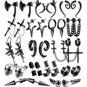 Y2K Punk Dangle Earrings Set for Men Women Skull Chain Hoop Stainless Steel